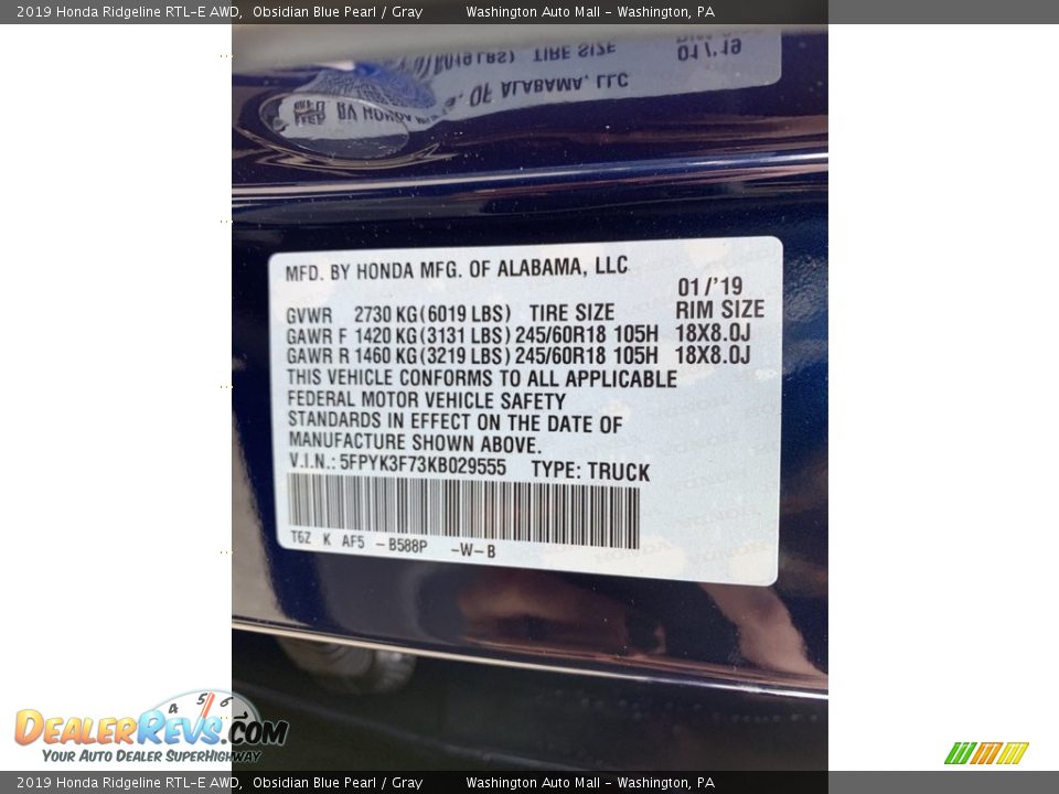 2019 Honda Ridgeline RTL-E AWD Obsidian Blue Pearl / Gray Photo #13