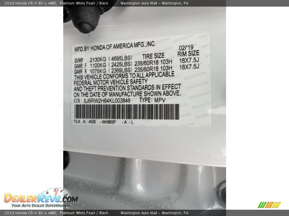 2019 Honda CR-V EX-L AWD Platinum White Pearl / Black Photo #14
