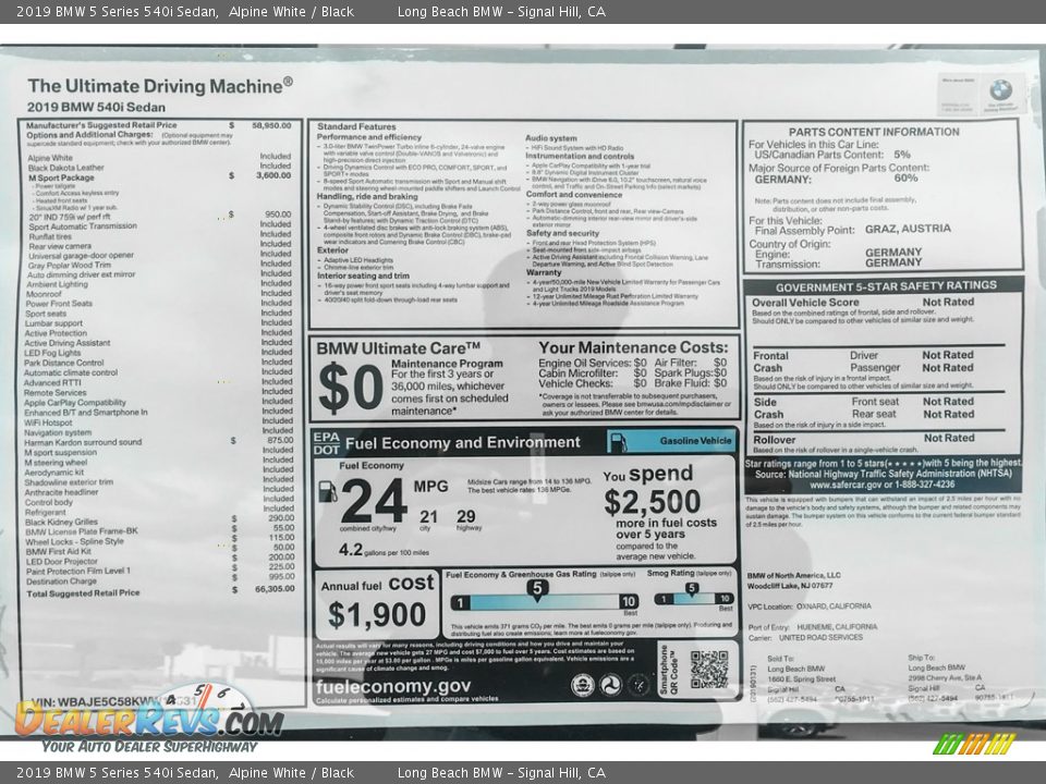 2019 BMW 5 Series 540i Sedan Alpine White / Black Photo #10