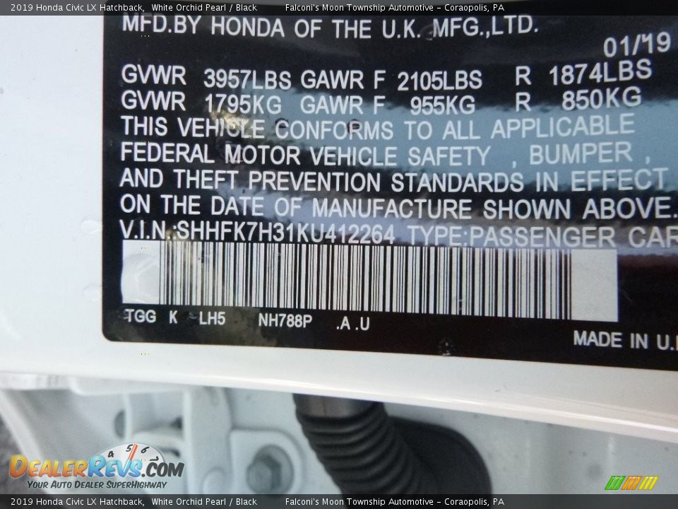 2019 Honda Civic LX Hatchback White Orchid Pearl / Black Photo #13
