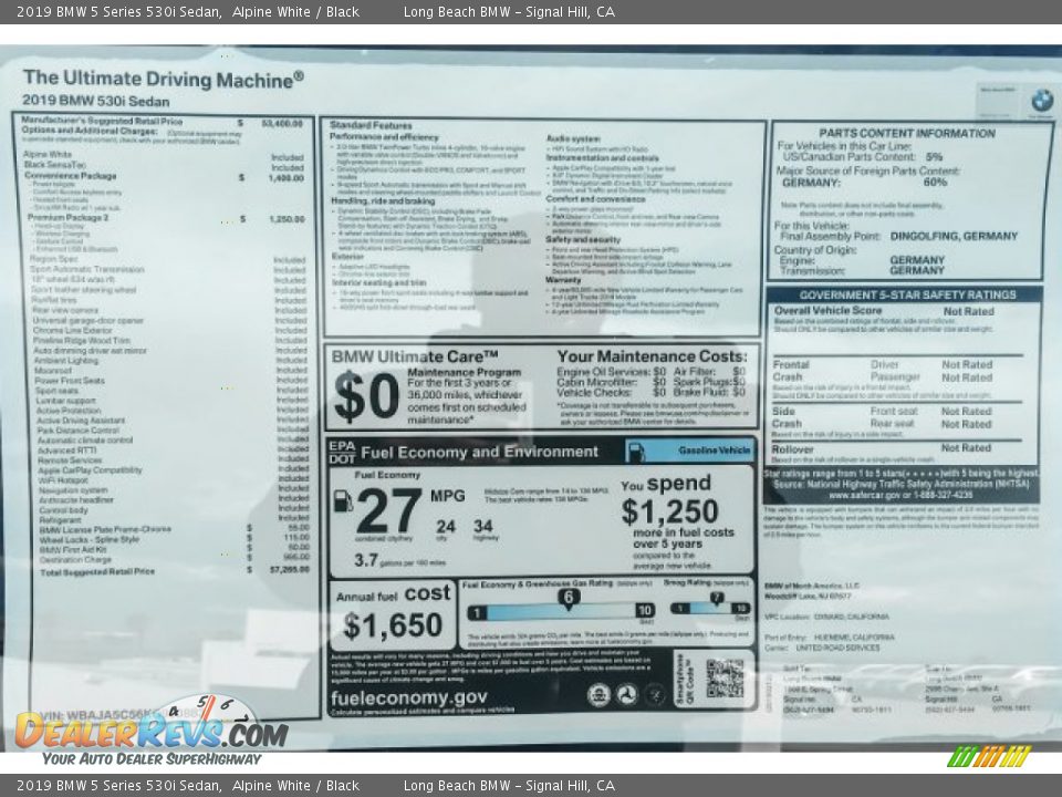 2019 BMW 5 Series 530i Sedan Alpine White / Black Photo #10