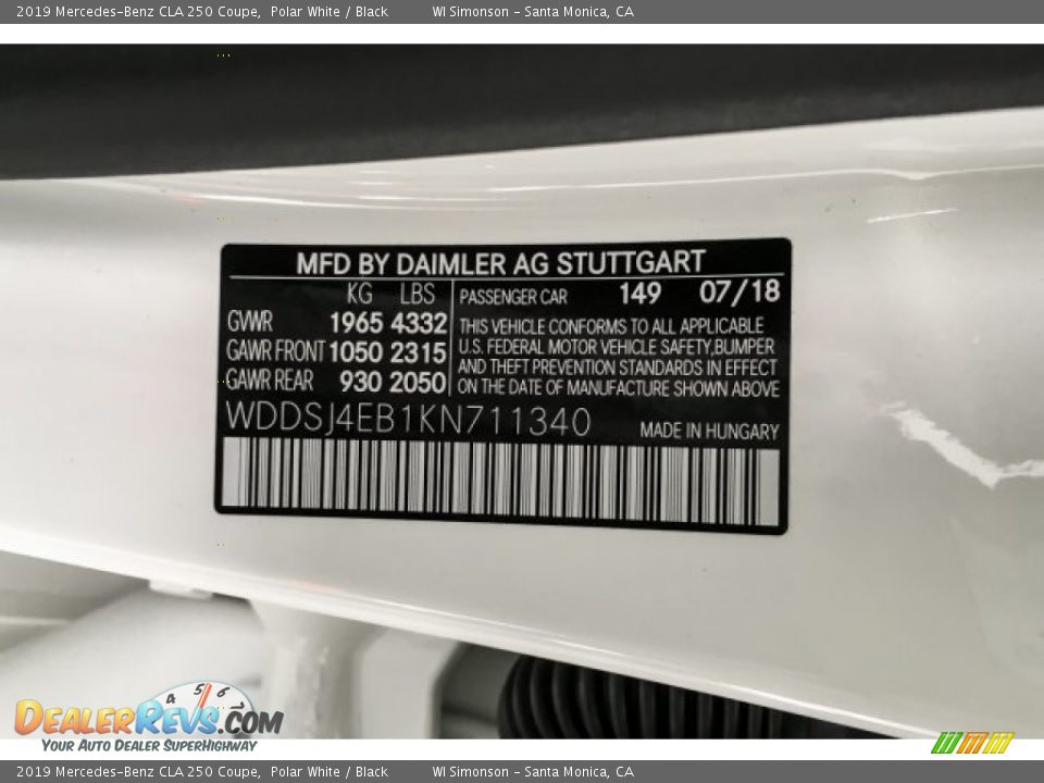 2019 Mercedes-Benz CLA 250 Coupe Polar White / Black Photo #11