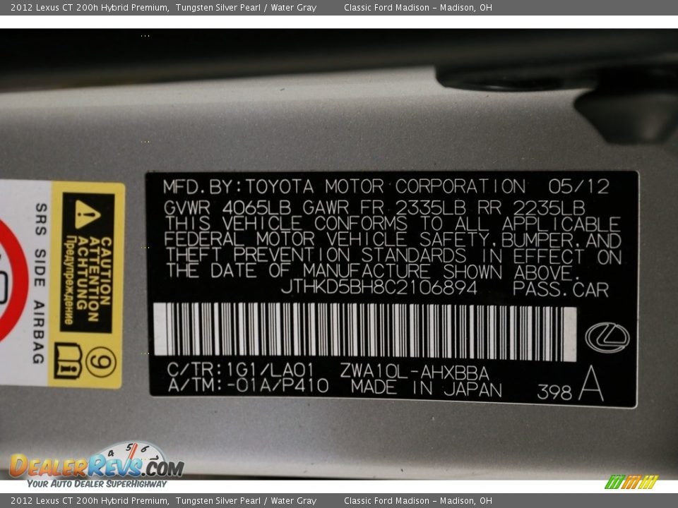 2012 Lexus CT 200h Hybrid Premium Tungsten Silver Pearl / Water Gray Photo #21