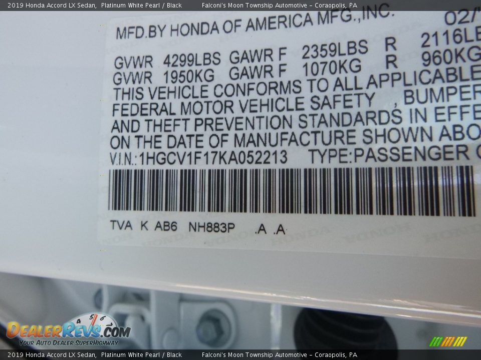 2019 Honda Accord LX Sedan Platinum White Pearl / Black Photo #13