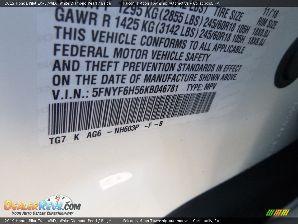 2019 Honda Pilot EX-L AWD White Diamond Pearl / Beige Photo #12