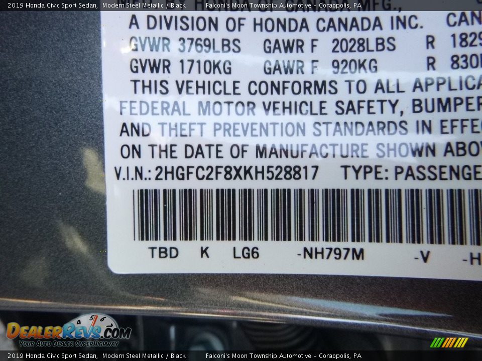 2019 Honda Civic Sport Sedan Modern Steel Metallic / Black Photo #13