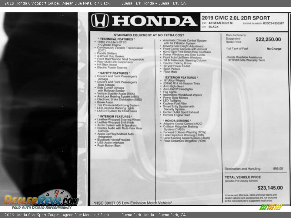 2019 Honda Civic Sport Coupe Agean Blue Metallic / Black Photo #34