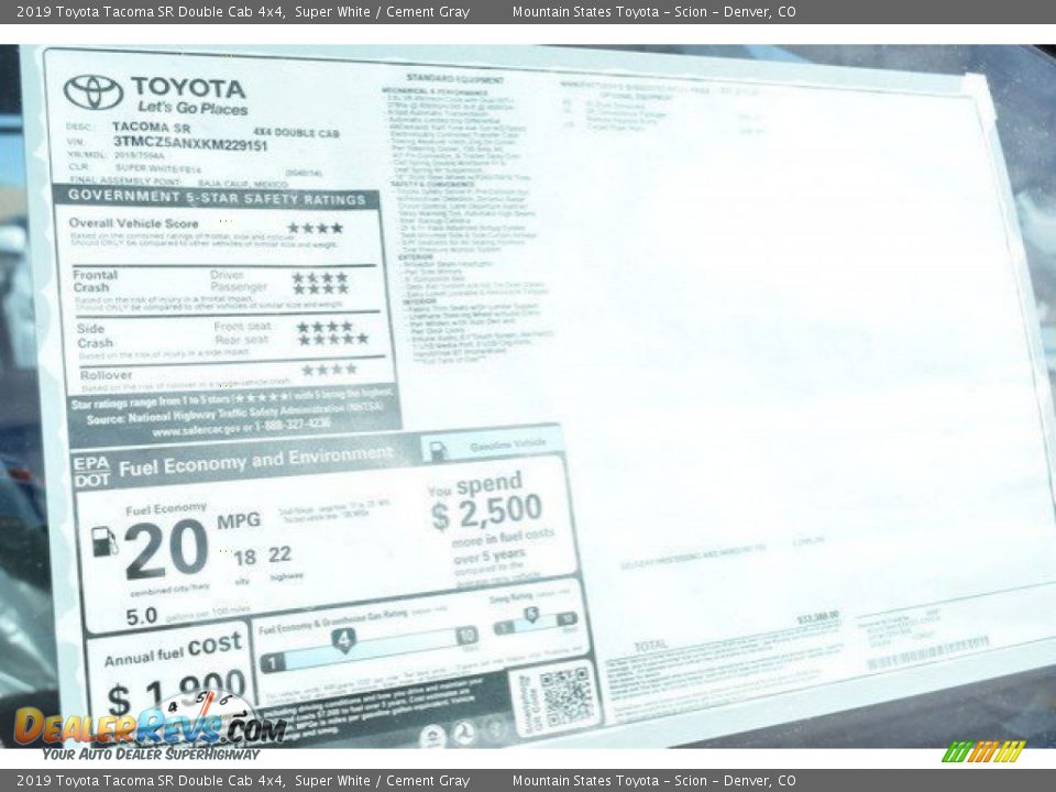 2019 Toyota Tacoma SR Double Cab 4x4 Super White / Cement Gray Photo #36