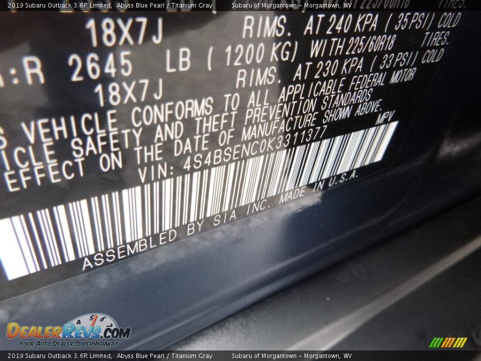 2019 Subaru Outback 3.6R Limited Abyss Blue Pearl / Titanium Gray Photo #15