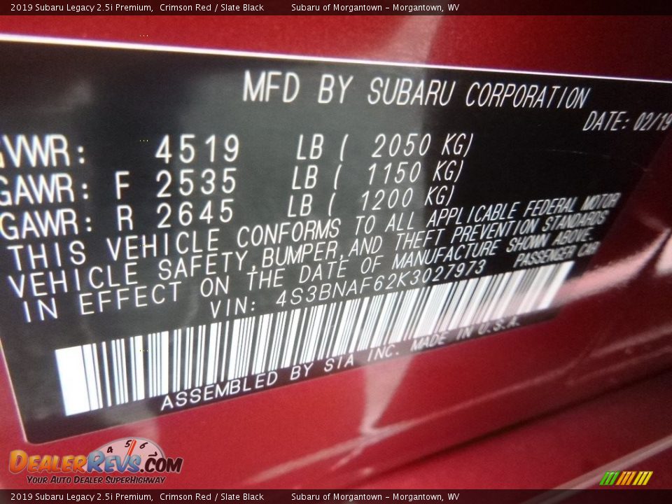 2019 Subaru Legacy 2.5i Premium Crimson Red / Slate Black Photo #15