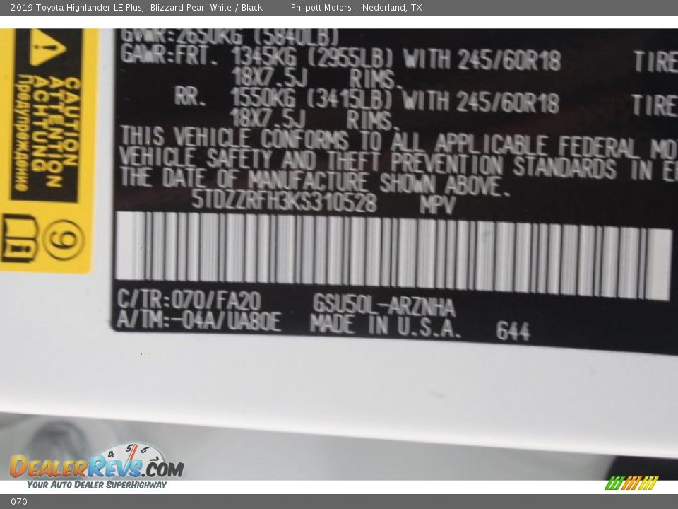 Toyota Color Code 070 Blizzard Pearl White