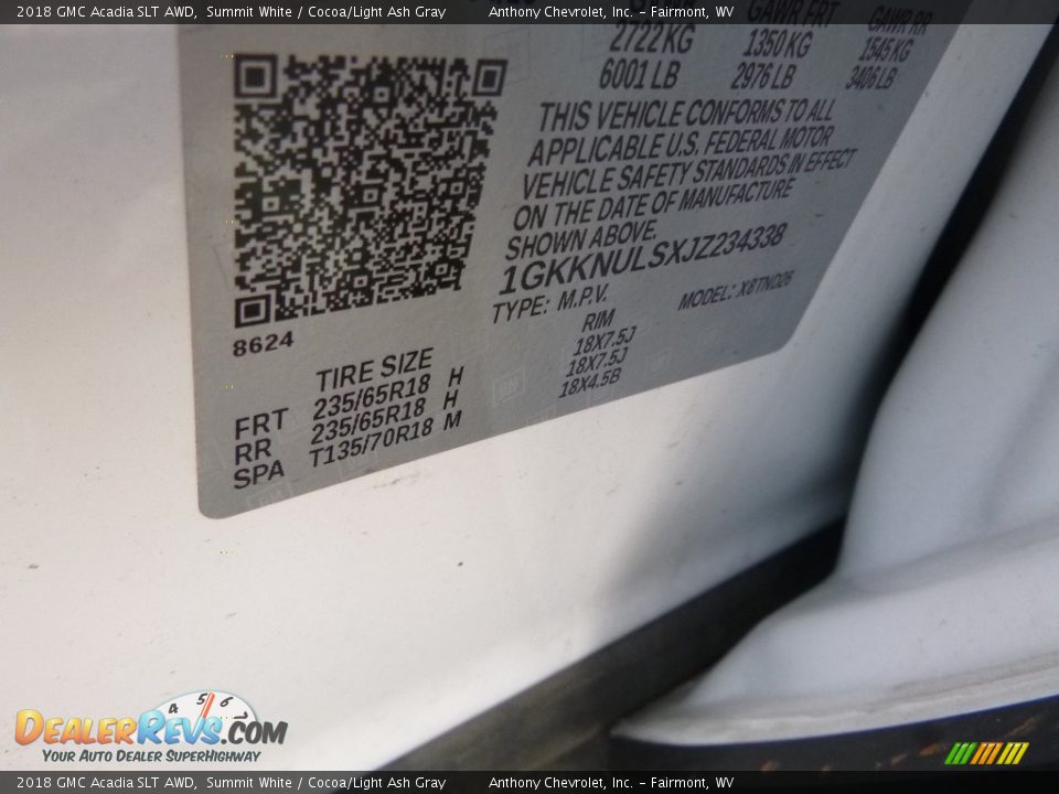 2018 GMC Acadia SLT AWD Summit White / Cocoa/Light Ash Gray Photo #16