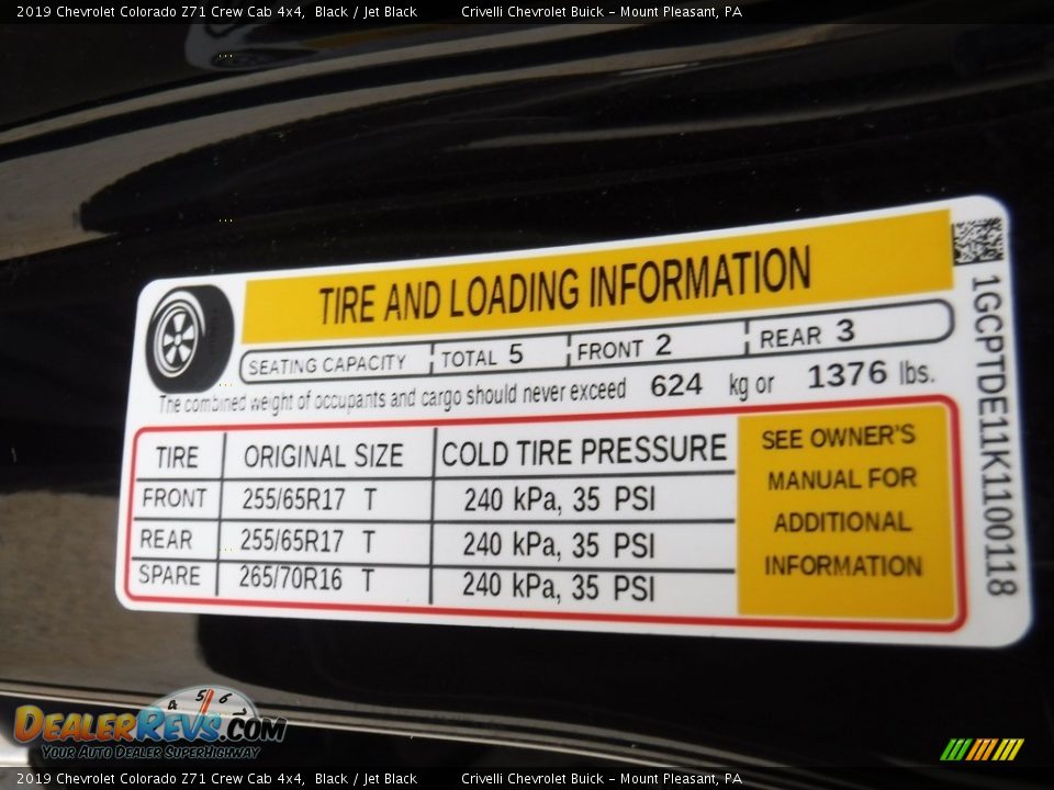 Info Tag of 2019 Chevrolet Colorado Z71 Crew Cab 4x4 Photo #33