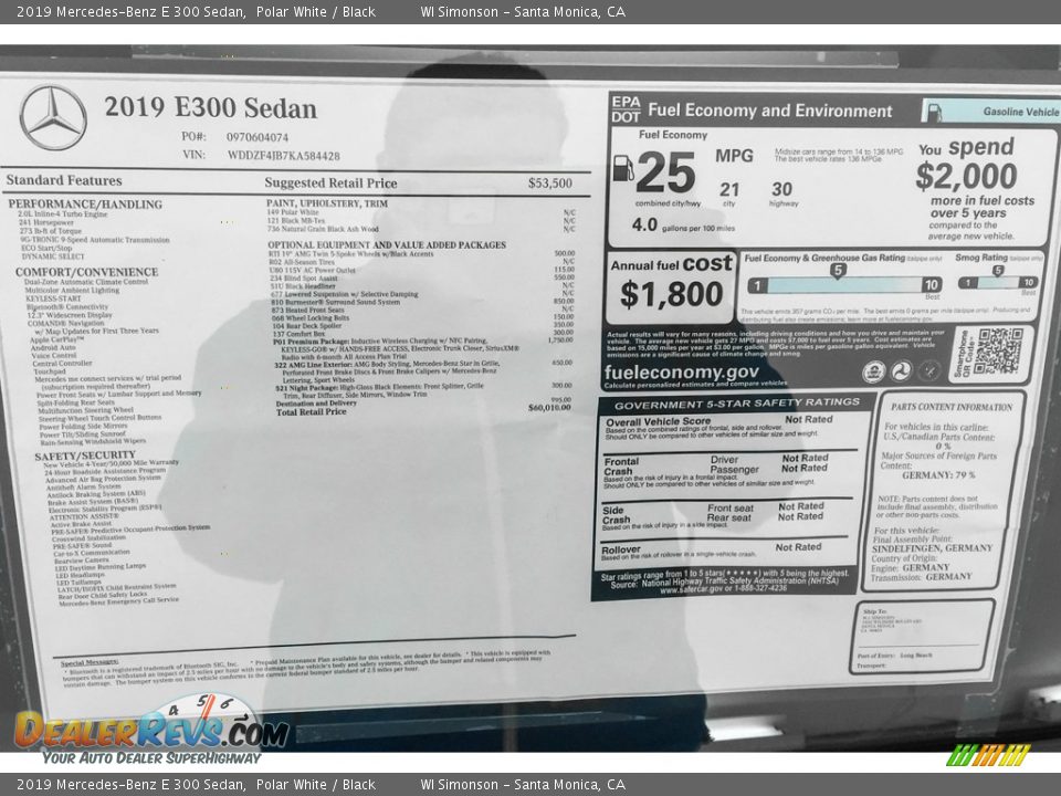 2019 Mercedes-Benz E 300 Sedan Polar White / Black Photo #10