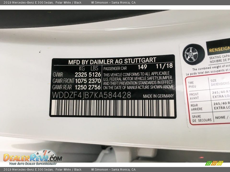 2019 Mercedes-Benz E 300 Sedan Polar White / Black Photo #11