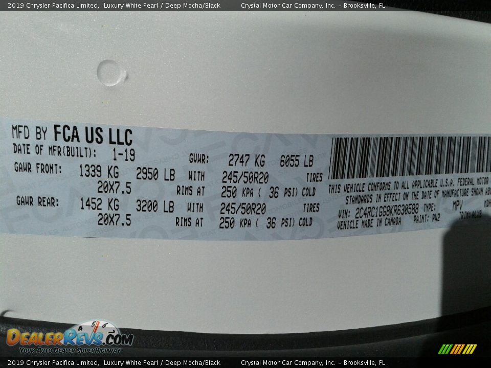 2019 Chrysler Pacifica Limited Luxury White Pearl / Deep Mocha/Black Photo #22