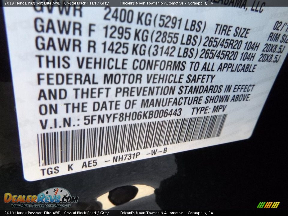 2019 Honda Passport Elite AWD Crystal Black Pearl / Gray Photo #12
