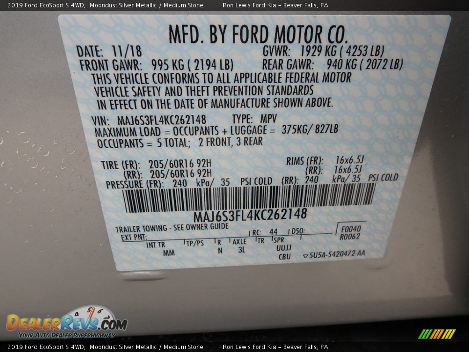 2019 Ford EcoSport S 4WD Moondust Silver Metallic / Medium Stone Photo #15