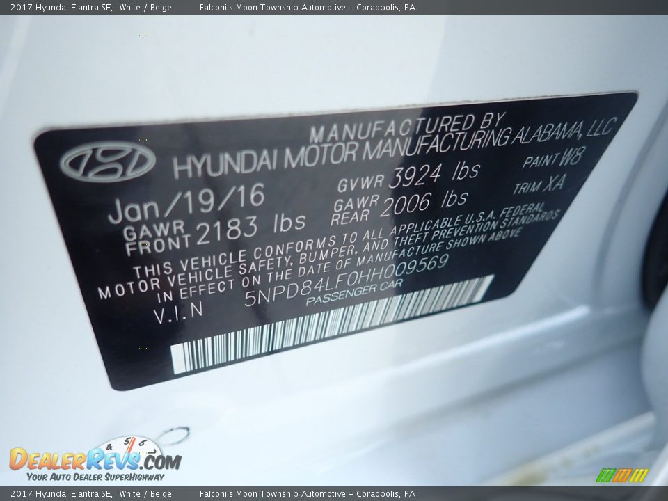 2017 Hyundai Elantra SE White / Beige Photo #23