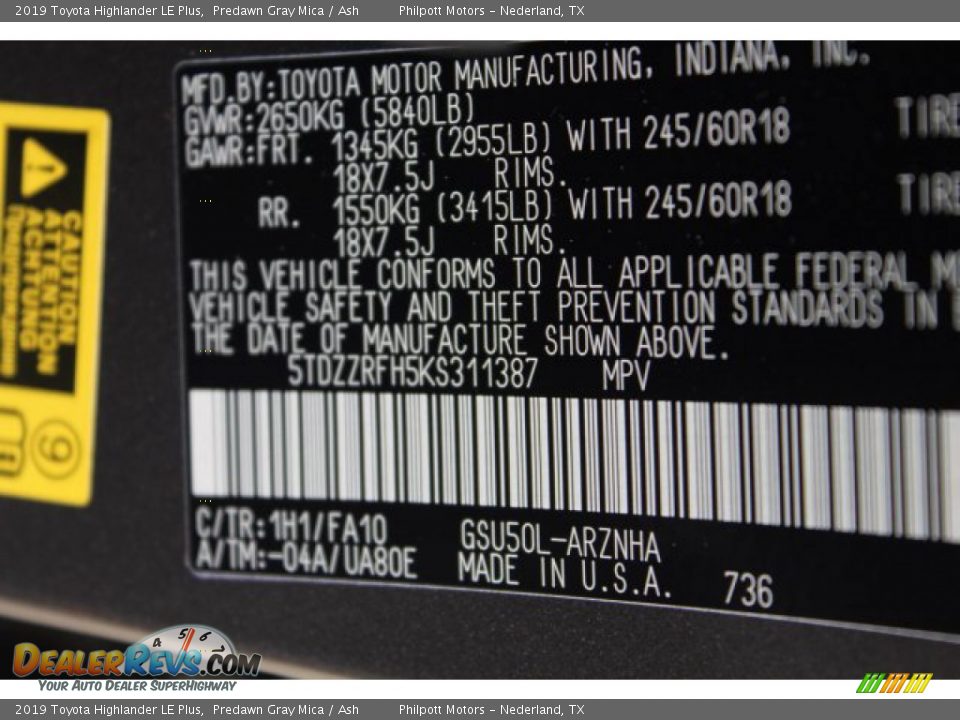 2019 Toyota Highlander LE Plus Predawn Gray Mica / Ash Photo #33