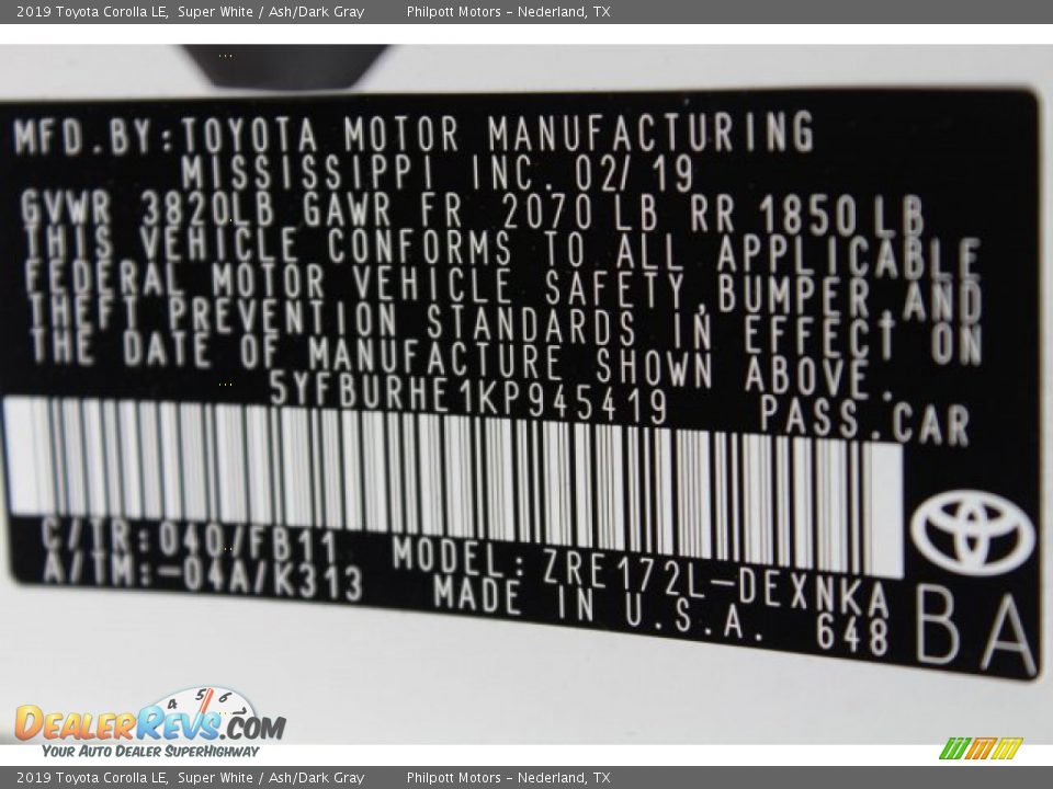 2019 Toyota Corolla LE Super White / Ash/Dark Gray Photo #29