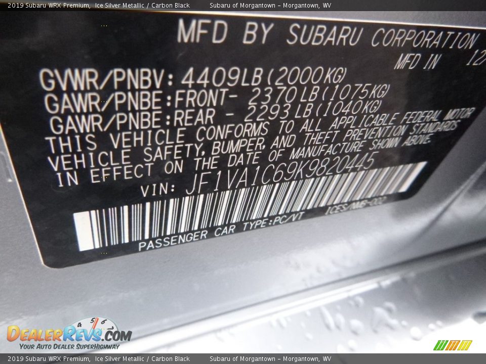 2019 Subaru WRX Premium Ice Silver Metallic / Carbon Black Photo #16
