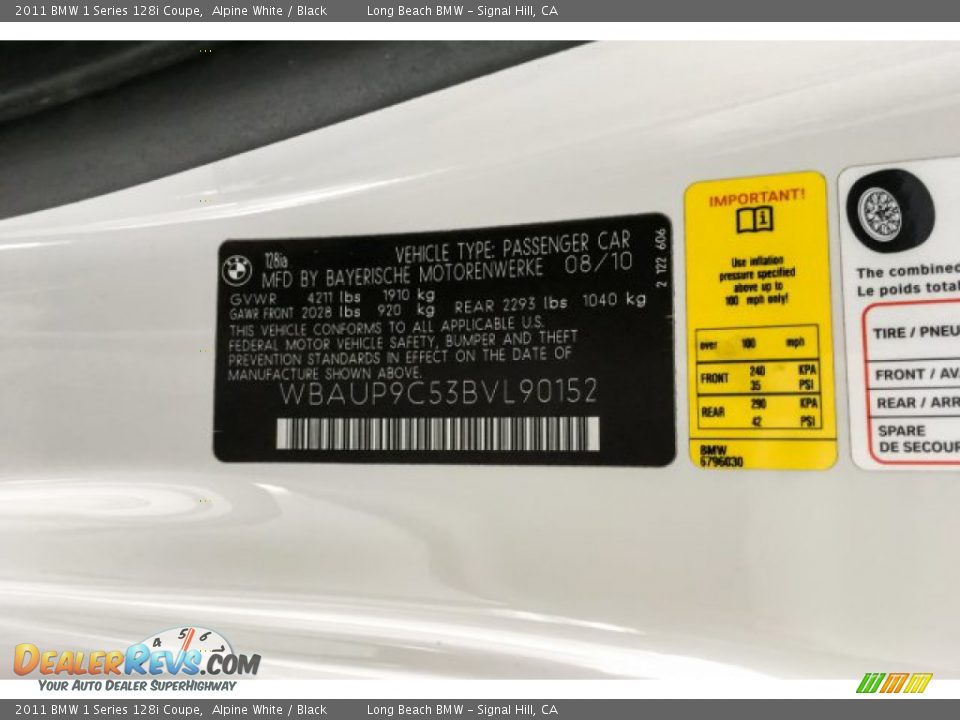 2011 BMW 1 Series 128i Coupe Alpine White / Black Photo #23