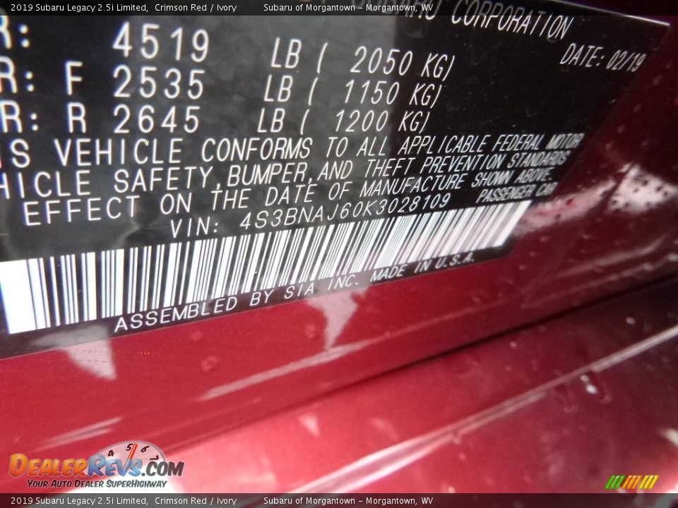 2019 Subaru Legacy 2.5i Limited Crimson Red / Ivory Photo #15