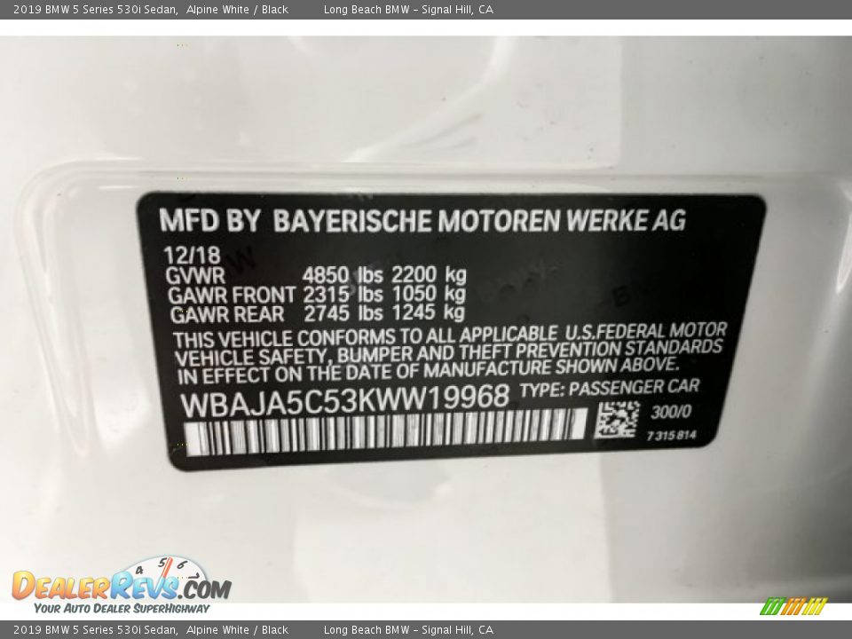 2019 BMW 5 Series 530i Sedan Alpine White / Black Photo #11