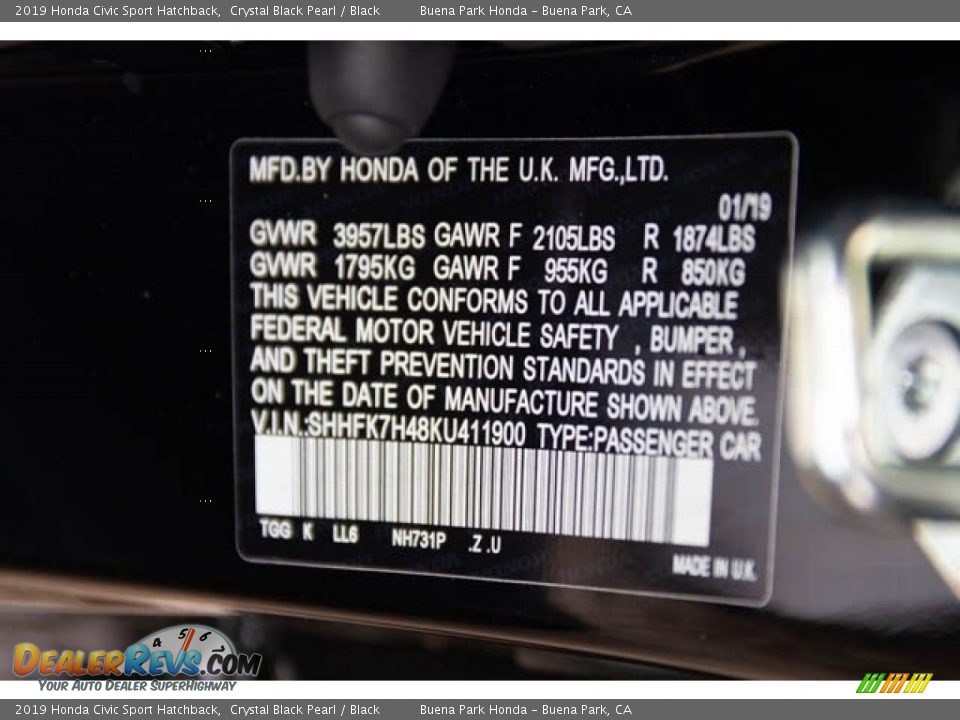 2019 Honda Civic Sport Hatchback Crystal Black Pearl / Black Photo #28