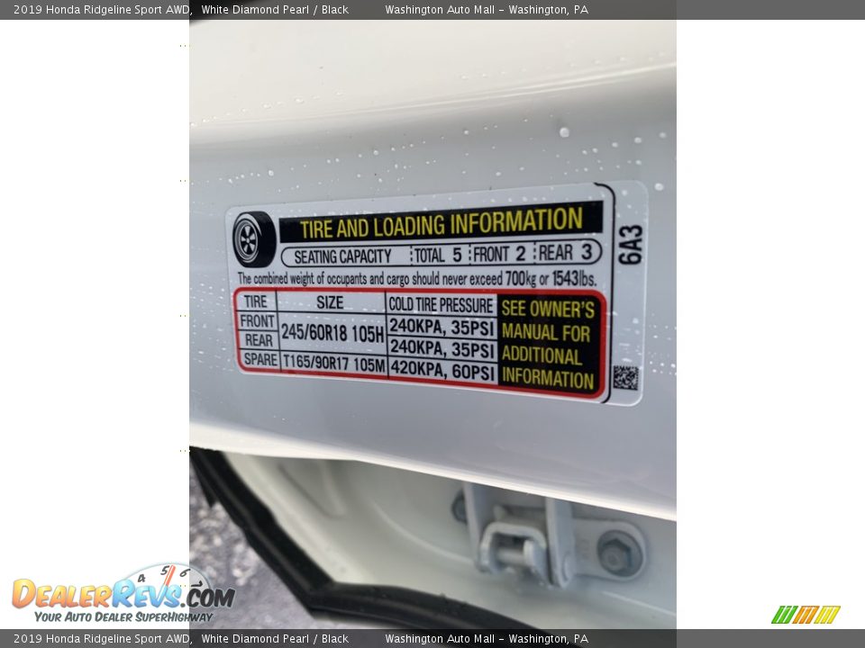 2019 Honda Ridgeline Sport AWD White Diamond Pearl / Black Photo #12