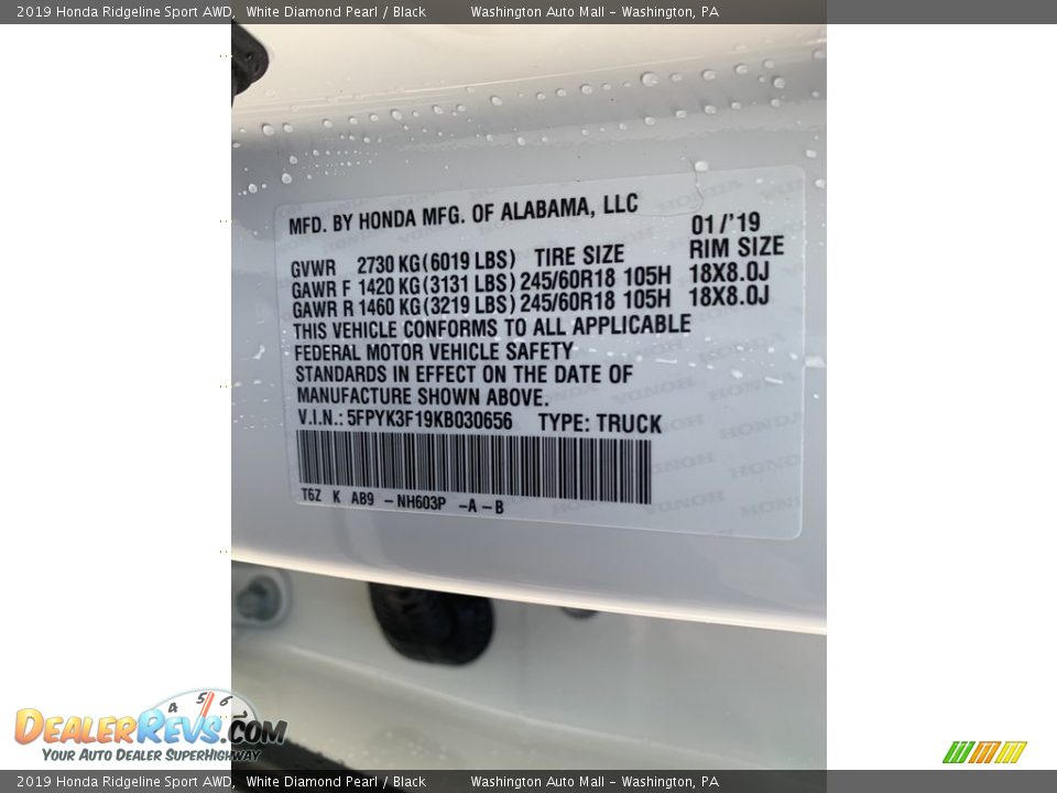 2019 Honda Ridgeline Sport AWD White Diamond Pearl / Black Photo #13