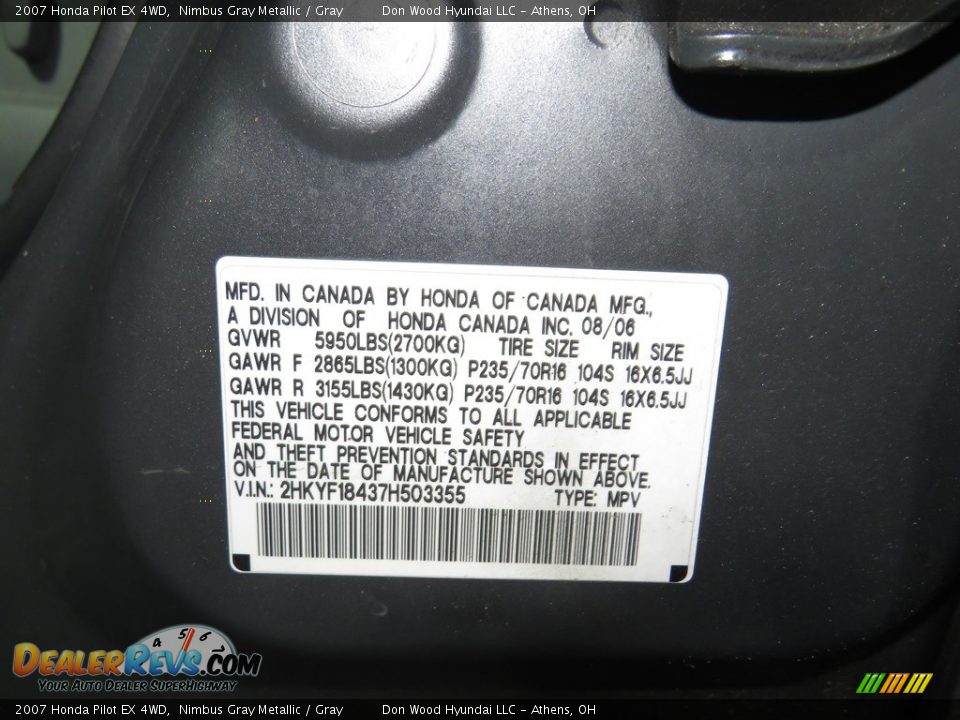 2007 Honda Pilot EX 4WD Nimbus Gray Metallic / Gray Photo #23