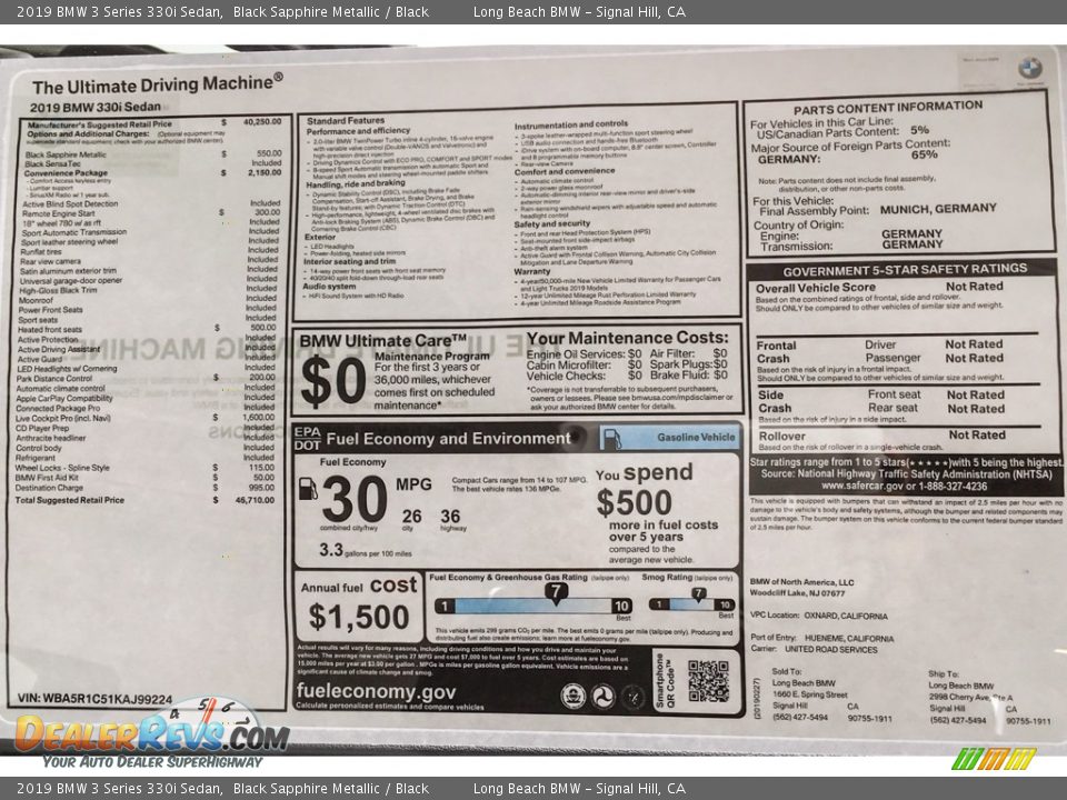 2019 BMW 3 Series 330i Sedan Window Sticker Photo #10