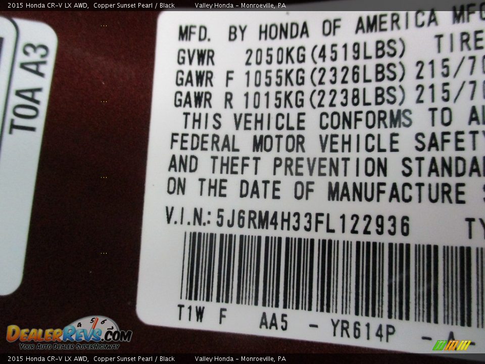 2015 Honda CR-V LX AWD Copper Sunset Pearl / Black Photo #19