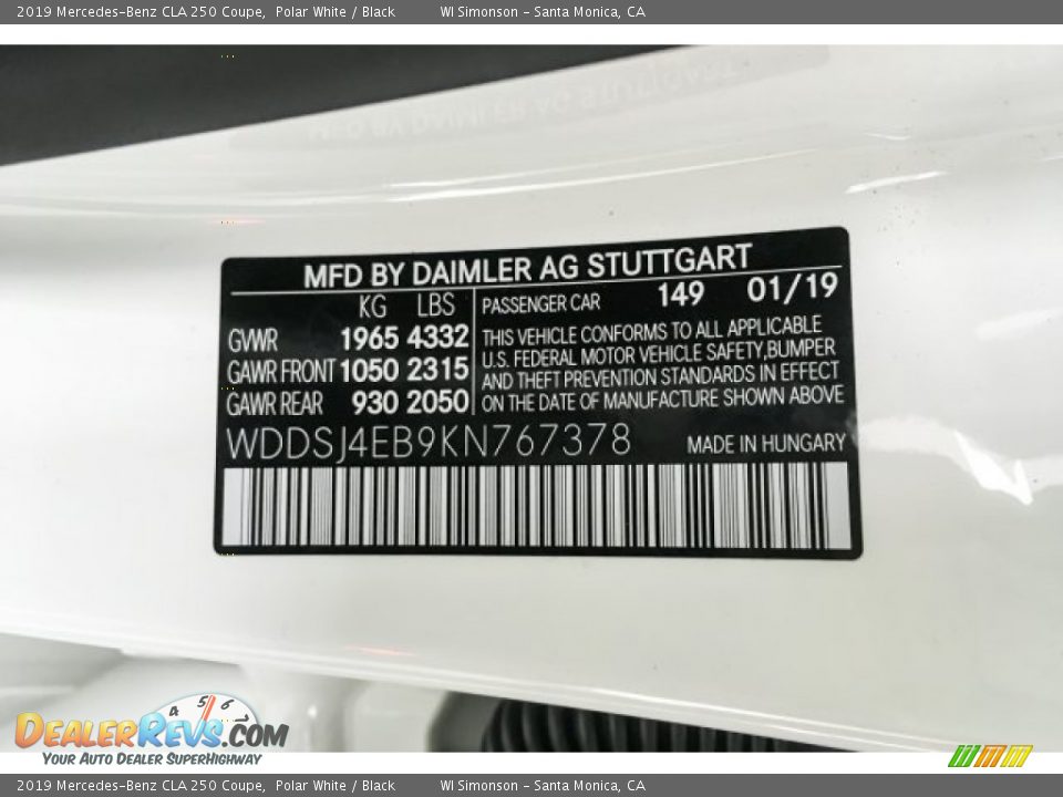 2019 Mercedes-Benz CLA 250 Coupe Polar White / Black Photo #11