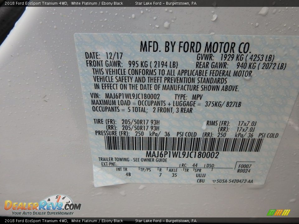 2018 Ford EcoSport Titanium 4WD White Platinum / Ebony Black Photo #14