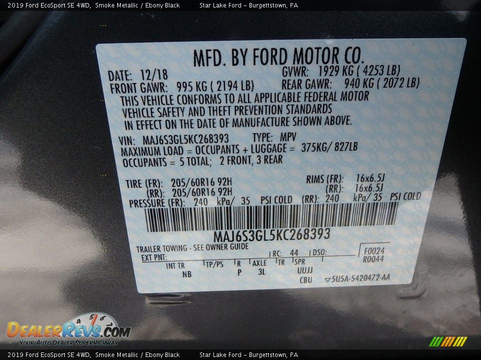 2019 Ford EcoSport SE 4WD Smoke Metallic / Ebony Black Photo #15