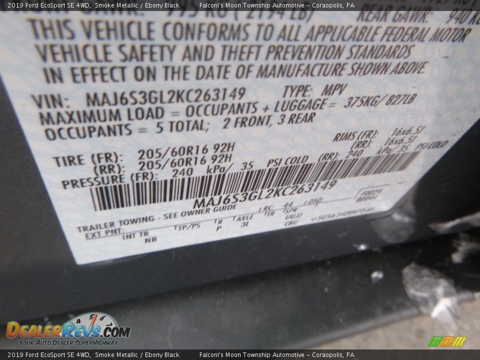 2019 Ford EcoSport SE 4WD Smoke Metallic / Ebony Black Photo #12