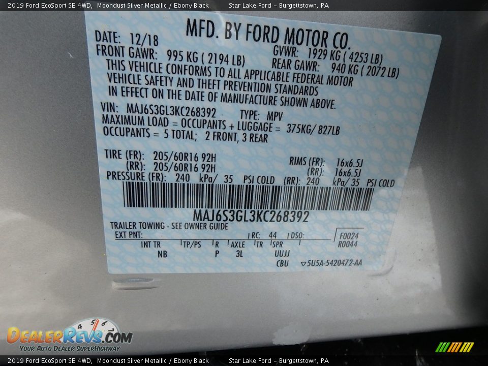 2019 Ford EcoSport SE 4WD Moondust Silver Metallic / Ebony Black Photo #15