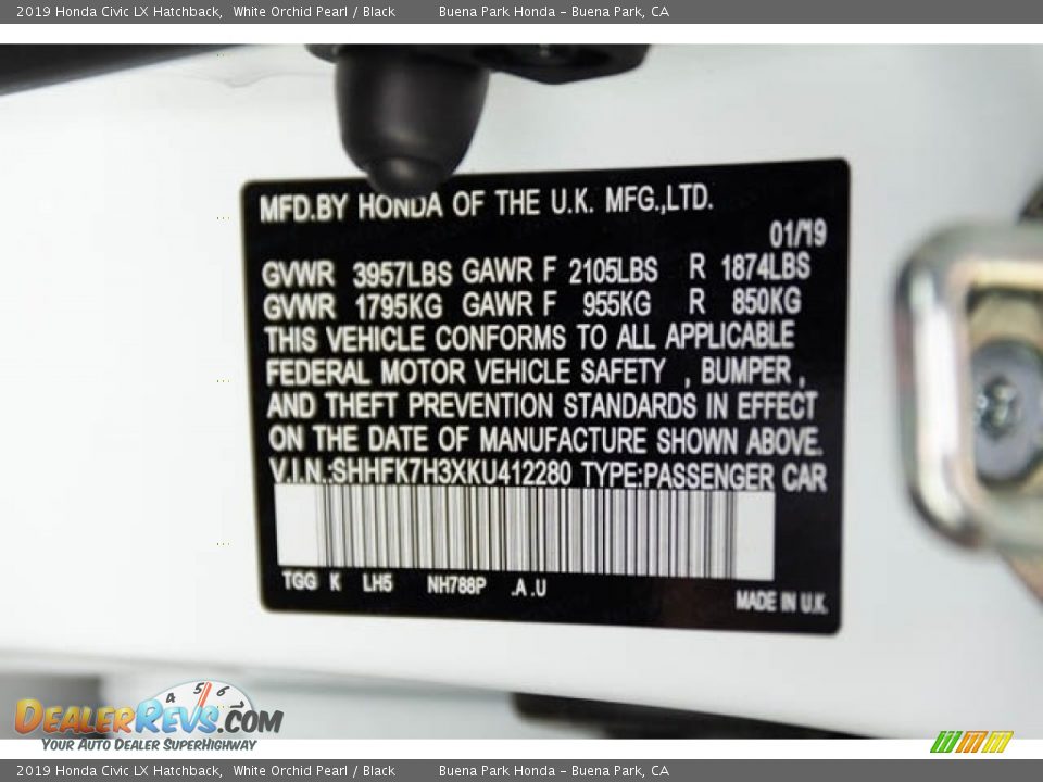 2019 Honda Civic LX Hatchback White Orchid Pearl / Black Photo #16