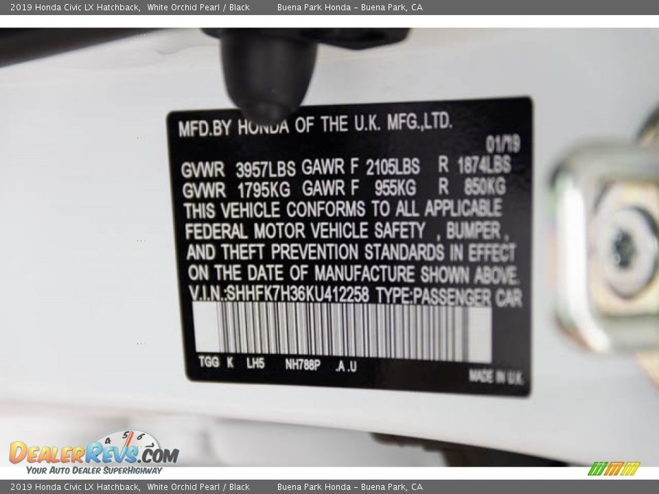 2019 Honda Civic LX Hatchback White Orchid Pearl / Black Photo #16