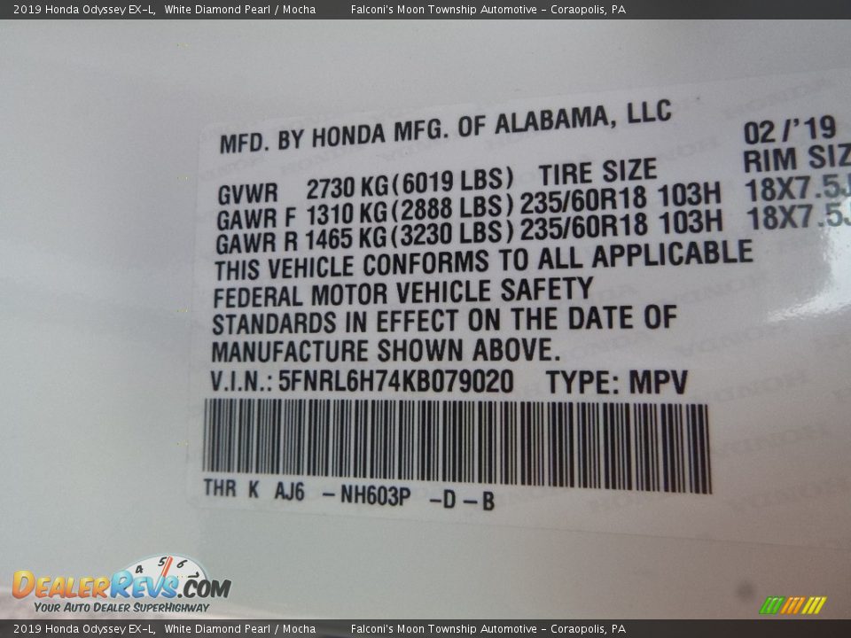 2019 Honda Odyssey EX-L White Diamond Pearl / Mocha Photo #11