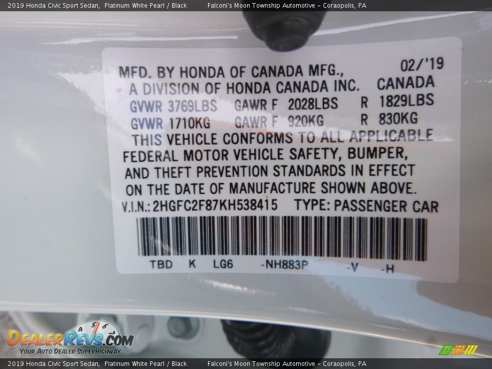 2019 Honda Civic Sport Sedan Platinum White Pearl / Black Photo #13