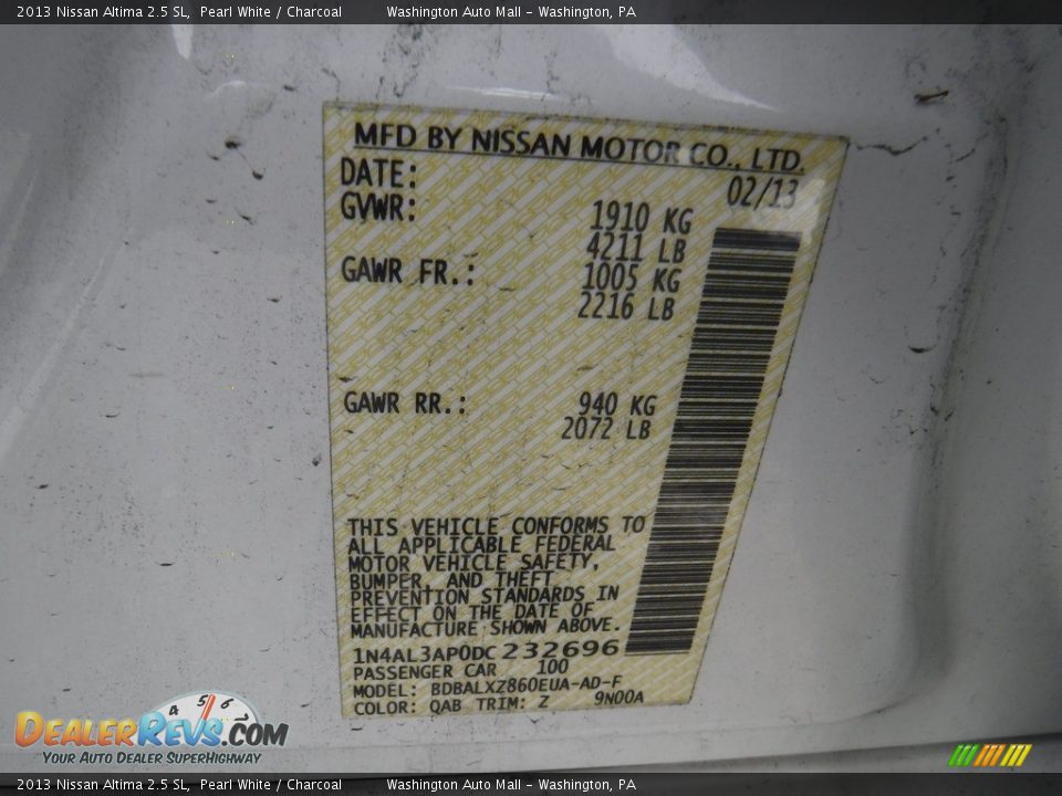 2013 Nissan Altima 2.5 SL Pearl White / Charcoal Photo #26