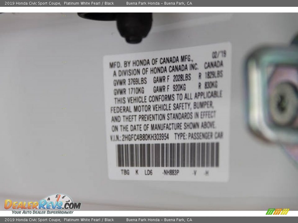 2019 Honda Civic Sport Coupe Platinum White Pearl / Black Photo #35