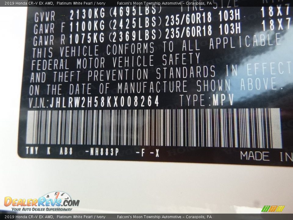 2019 Honda CR-V EX AWD Platinum White Pearl / Ivory Photo #12