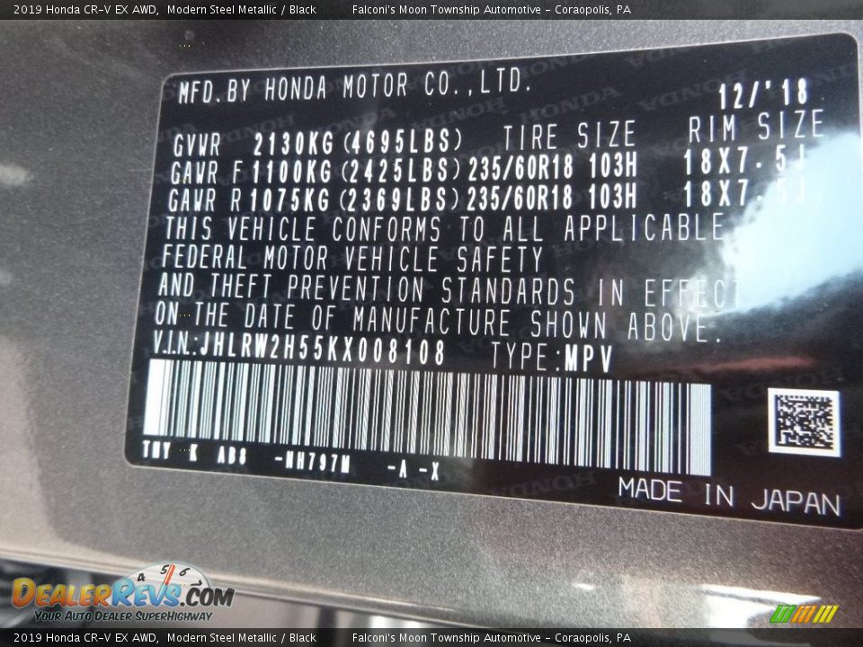 2019 Honda CR-V EX AWD Modern Steel Metallic / Black Photo #11
