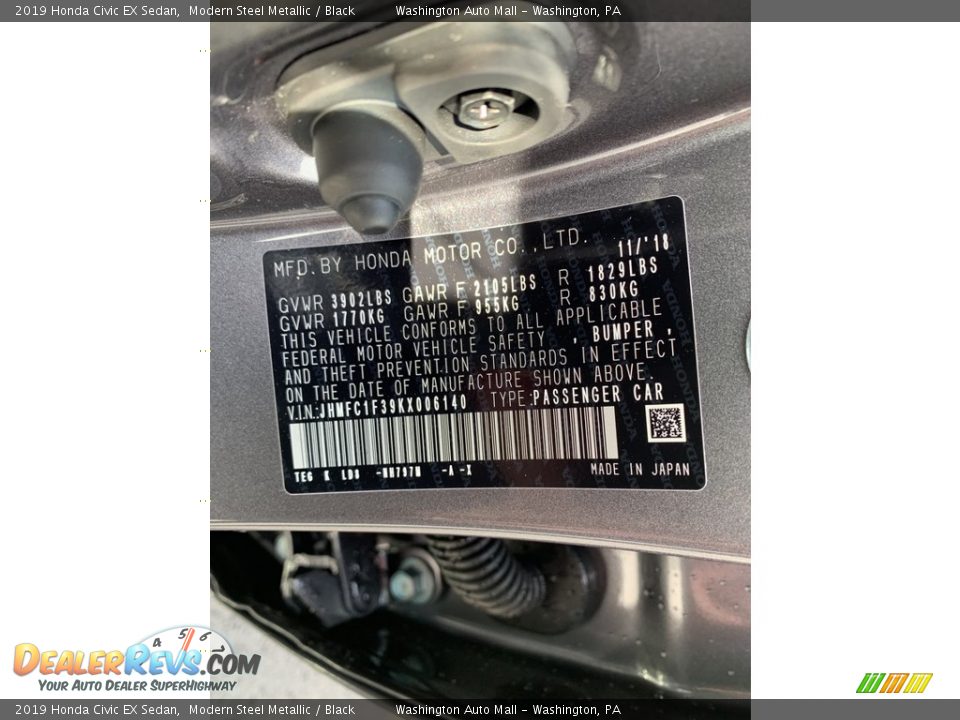 2019 Honda Civic EX Sedan Modern Steel Metallic / Black Photo #14