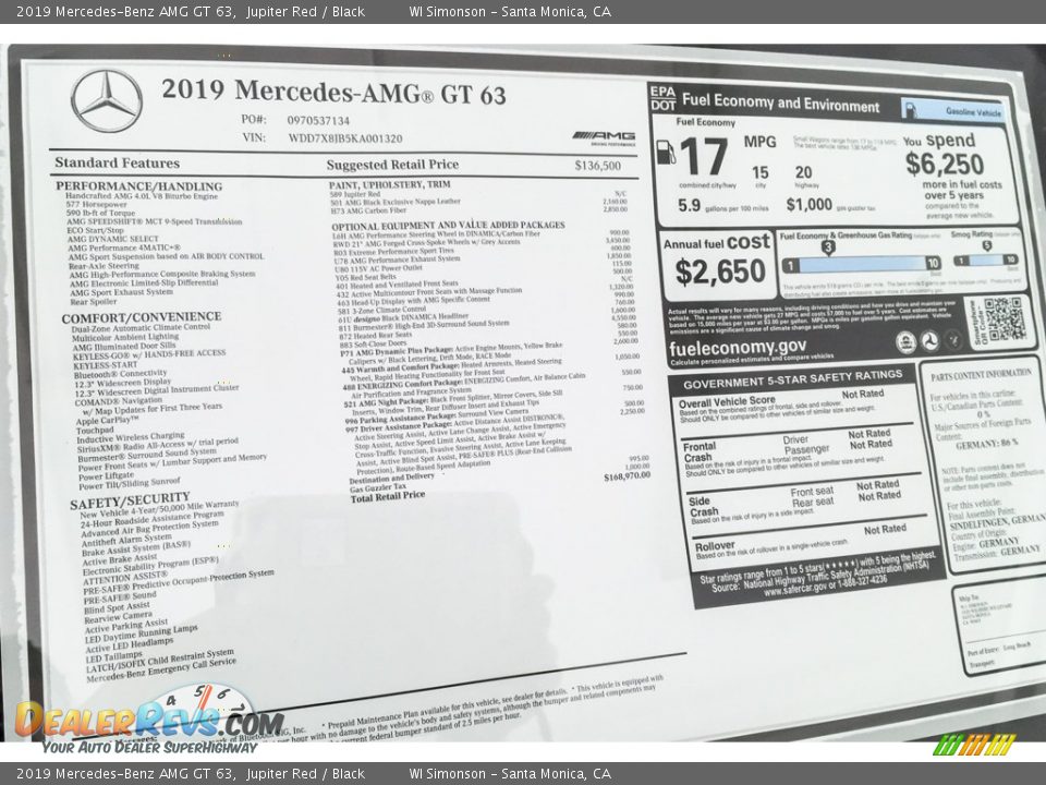 2019 Mercedes-Benz AMG GT 63 Window Sticker Photo #10